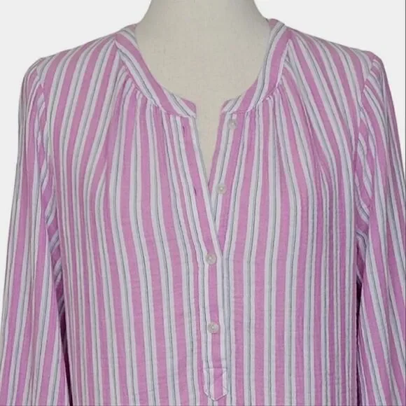 Universal Thread Pink Striped Split Button Neck Long Sleeve Gause Blouse Size S - Picture 6 of 8